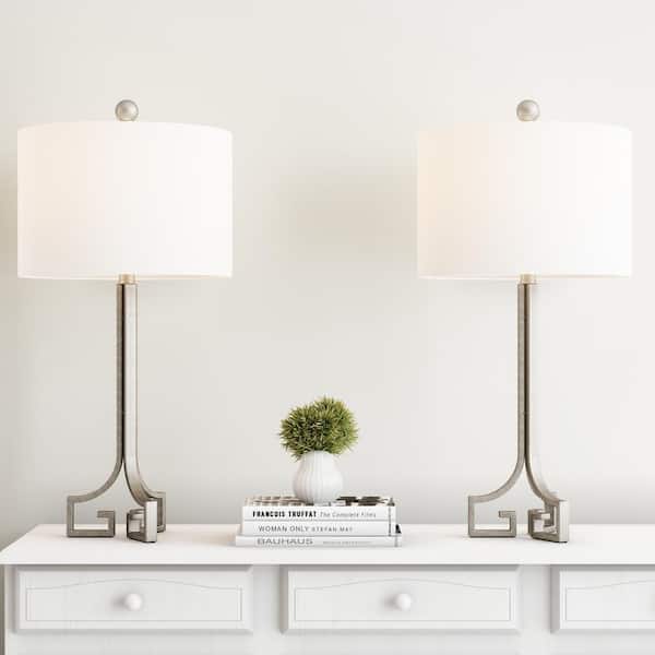 Lavish Home 28.75 in. Antique Silver Greek Key Design LED Table Lamps with Ivory Shades (Set of 2)