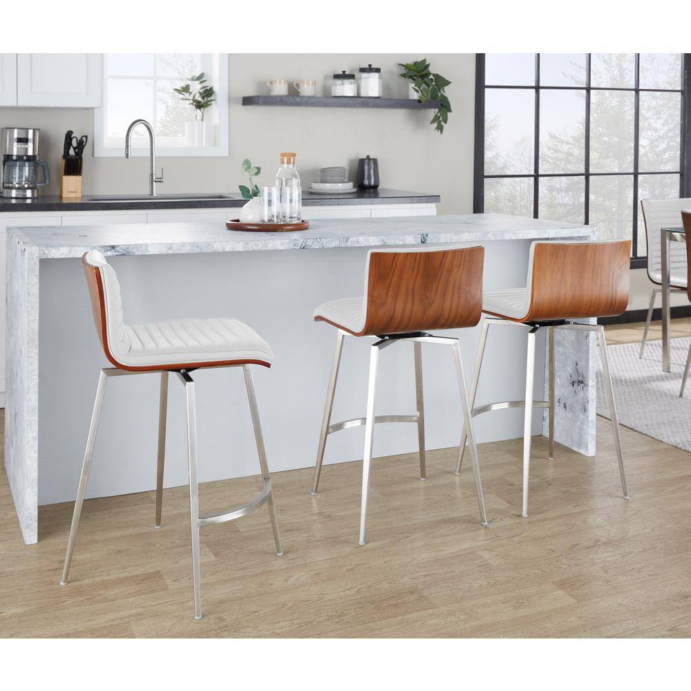 Set of 2 White Faux Leather Swivel Counter Stools with Walnut Wood and Stainless Steel