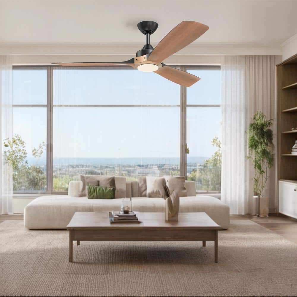 Matte Black and Distressed Koa 52" Ceiling Fan with LED Light and Remote
