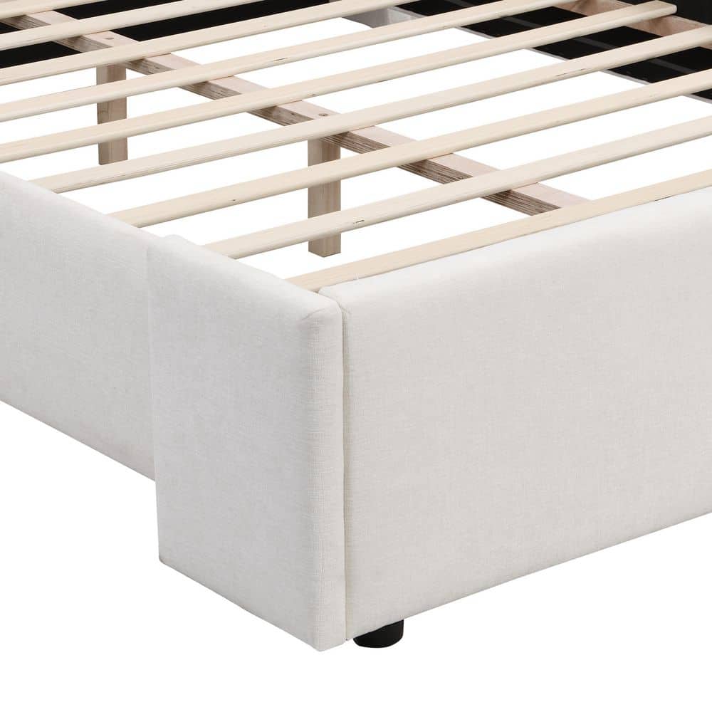 Elegant Modern White Fabric Upholstered Wood Frame King Size Platform Bed with Wingback Tall Headboard - thumbnail 5
