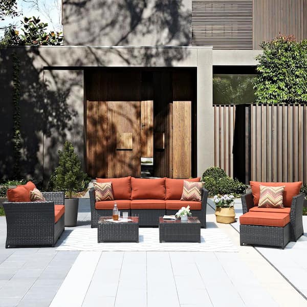 XIZZI Huron Gorden Brown 9-Piece Wicker Outdoor Patio Conversation Sectional Sofa Set with Orange Red Cushions And Table
