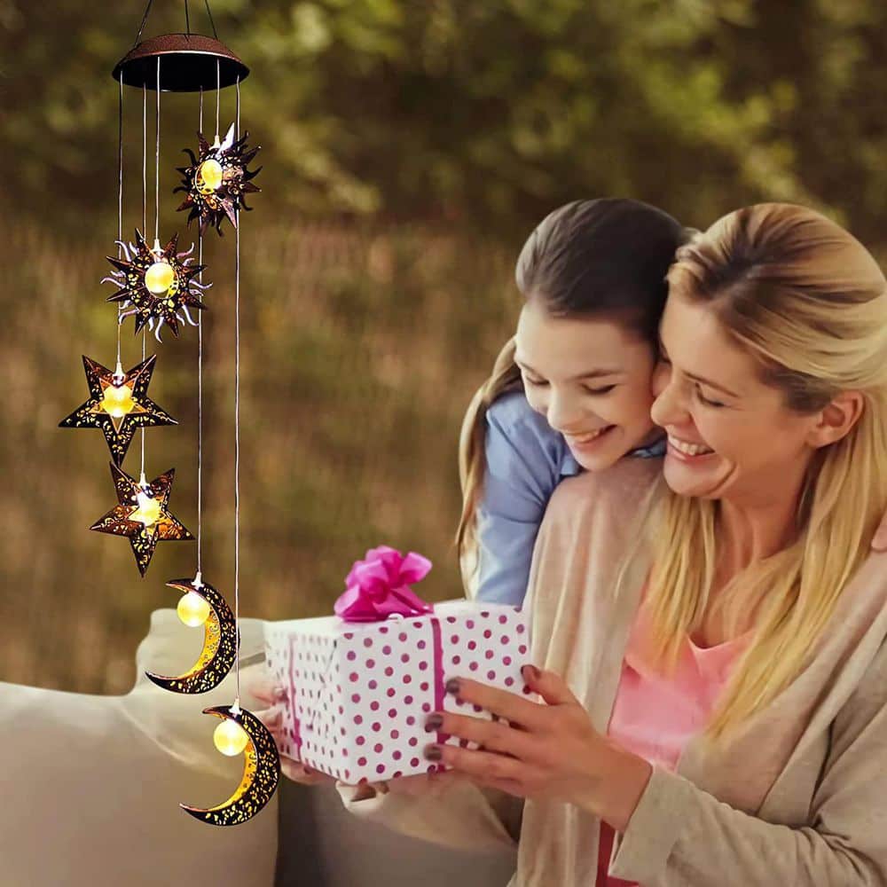 Solar Powered Sun Moon Star Waterproof LED Wind Chimes