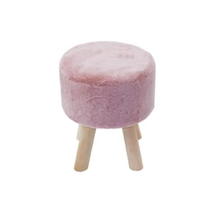 13.8 in. Pink Faux Fur Round Footstool with Padded Seat and 4-Wood Legs