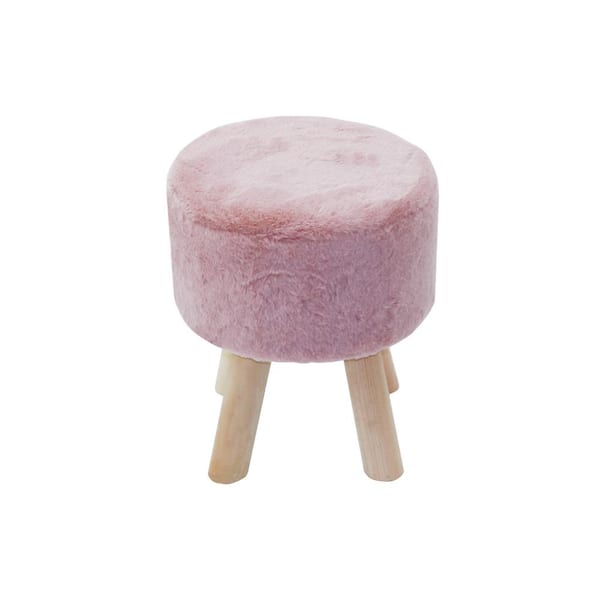 PARISLOFT 13.8 in. Pink Faux Fur Round Footstool with Padded Seat and 4-Wood Legs