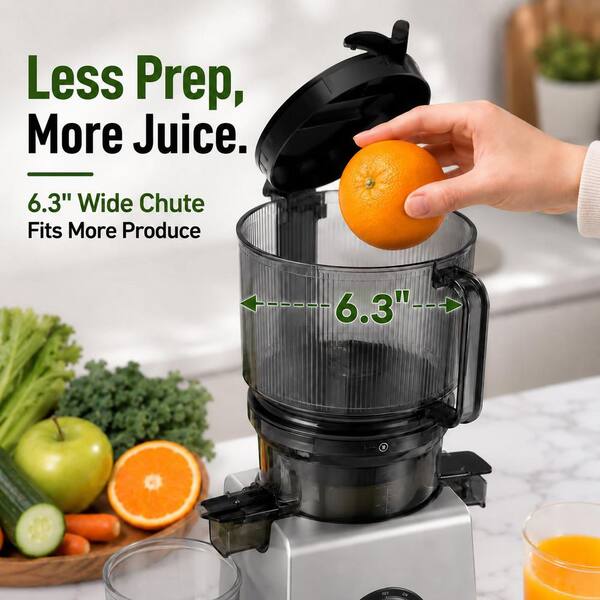 aobosi 300 W 85 oz. Gray Masticating Juicer 6.3 in Wide Chute for Whole Fruits, 50-60 RPM Slow Cold Press Juicer with DC Motor