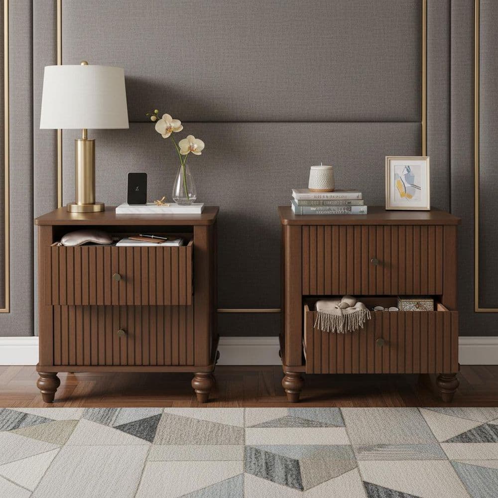Adeline Modern Walnut 2-Drawer 21.6 in. W Nightstand with Slat Design, (Set of 2)