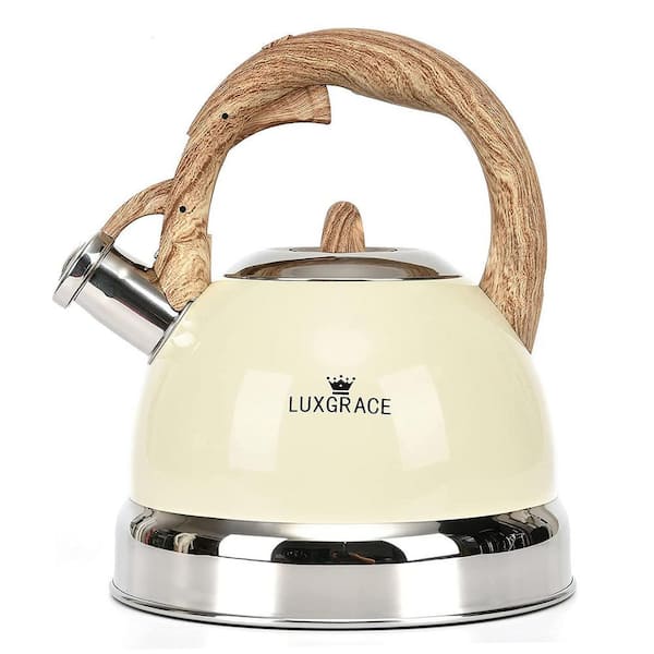 12 Cups Creamy White Stainless Steel Whistling Tea Kettle Teapot with Ergonomic Wood Rubber Touching Handle