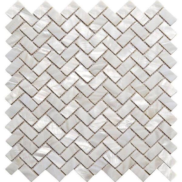 Apollo Tile White 10.6 in. x 11.2 in. Herringbone Polished Natural Shell Mosaic Tile (16.49 sq. ft./Case)