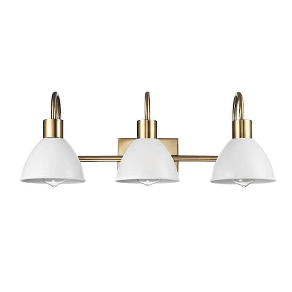 Globe 24 in. 3-Light Matte Brass Finish Vanity Light with Matte White Metal Shades