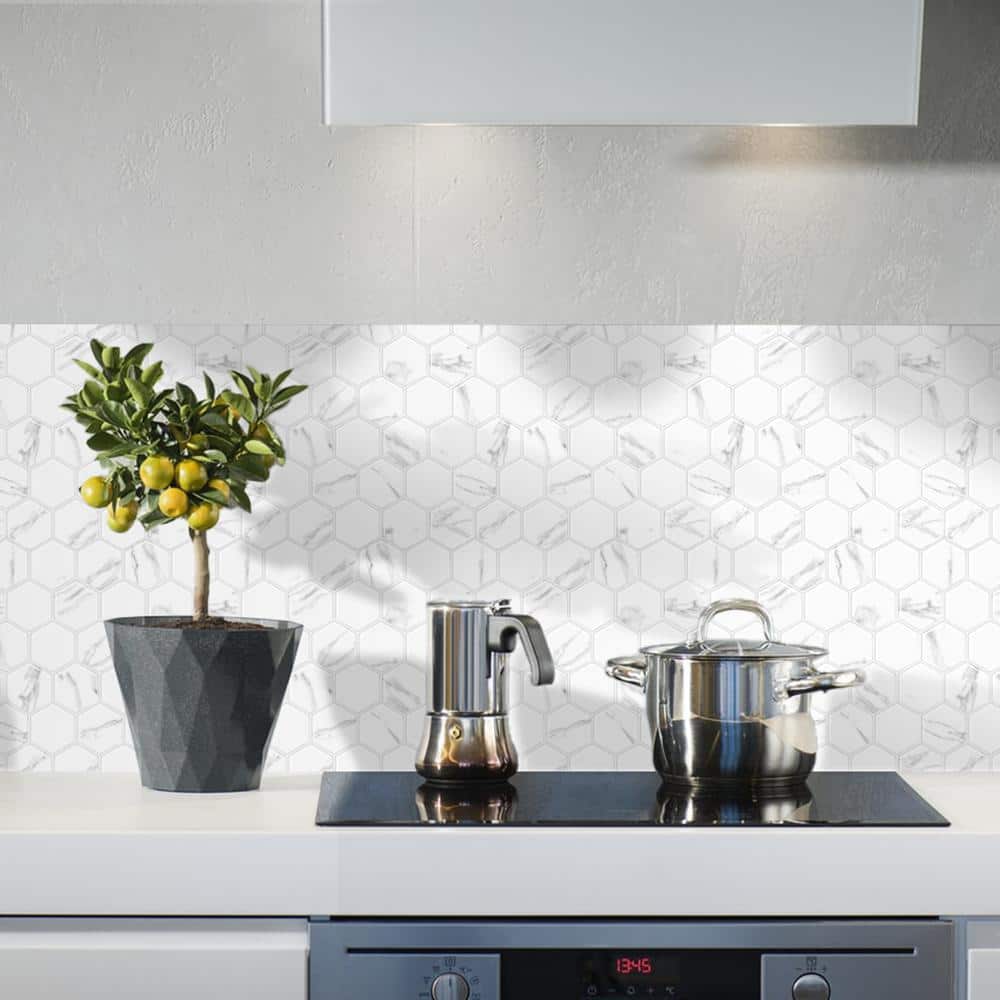 Thicker Hexagon White Marble Peel and Stick PVC Wall Tile