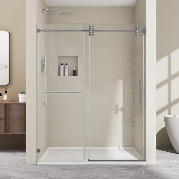 56-60.5 in. W x 79 in. H Single Sliding Frameless Shower Door in Gungray with 3/8 in. Clear Tempered Glass, 1-Towel Bar