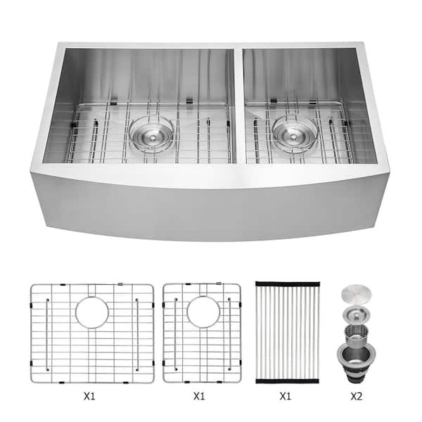 Unbranded 36 in. Undermount Double Bowl 18 Gauge Brushed Nickel Stainless Steel Apron Front Kitchen Sink with Two 9" Deep Basin