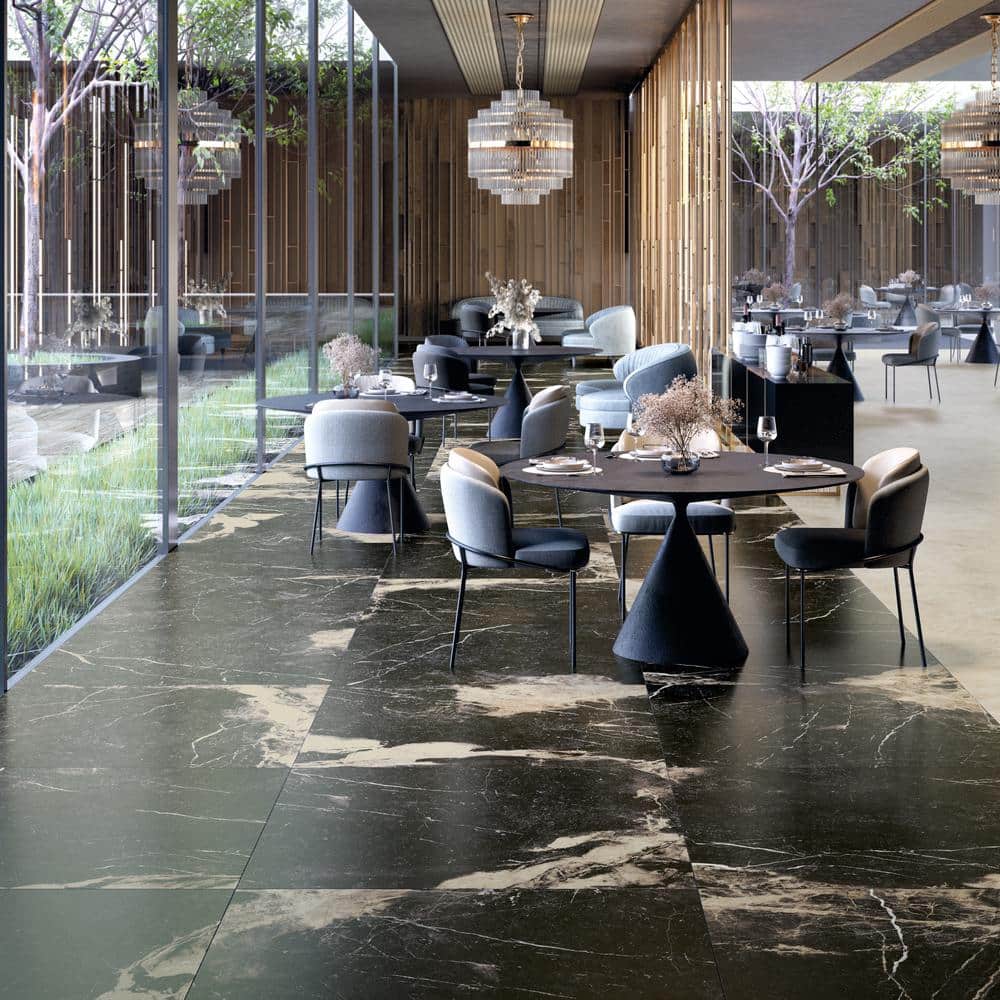 Large Black and Beige Marble Look Satin Porcelain Tile