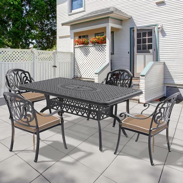 Willit Elizabeth 5-Piece Cast Aluminum Outdoor Dining Set with 66.93 in. x 37.4 in. Rectangular Table and Brown Cushions