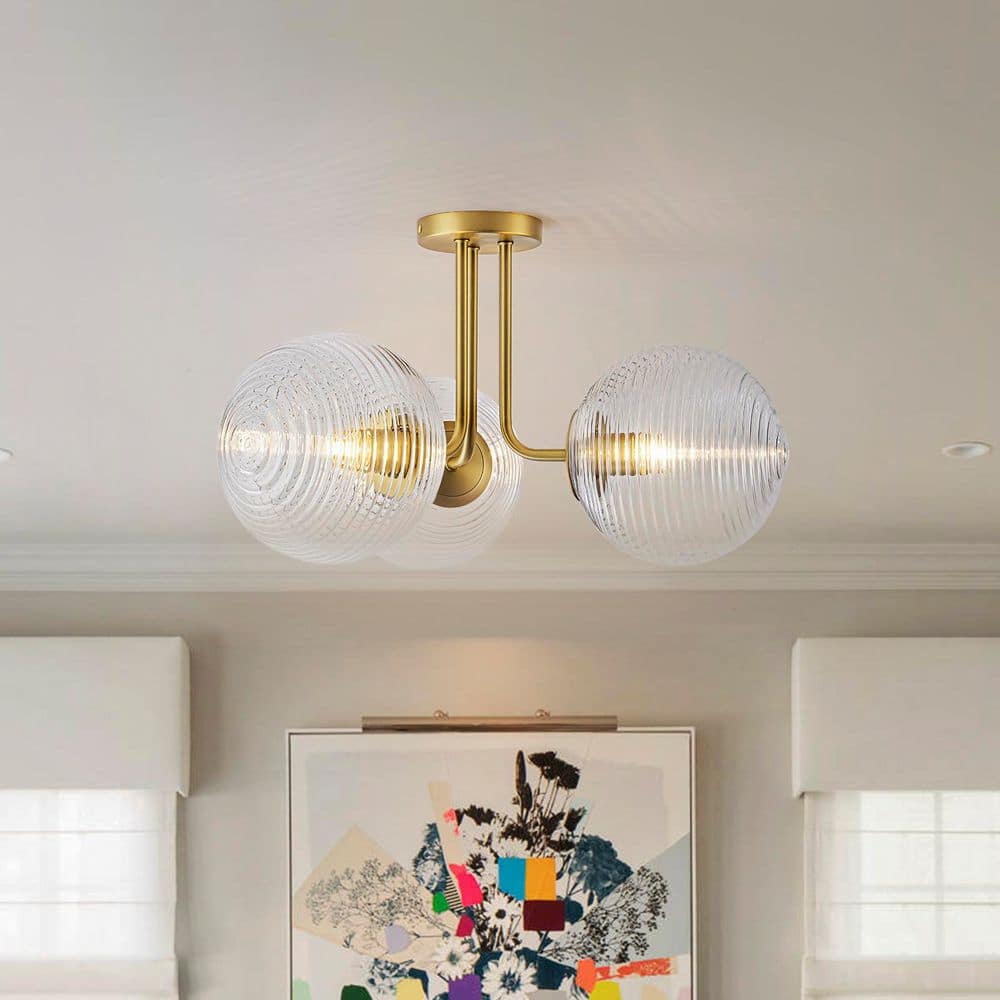 Dvorakova 20.1 in. 3-Light Brass Modern Sputnik Semi-Flush Mount Ceiling Light with Ribbed Globe Glass Shades price history on PriceWatchPro