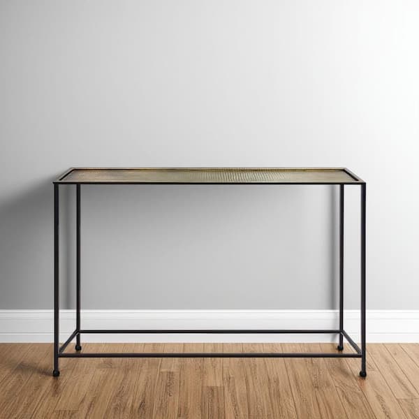 THE URBAN PORT Aurelia 48 in. Antique Bronze and Black Rectangle Metal Console Sofa Table with Tray Top