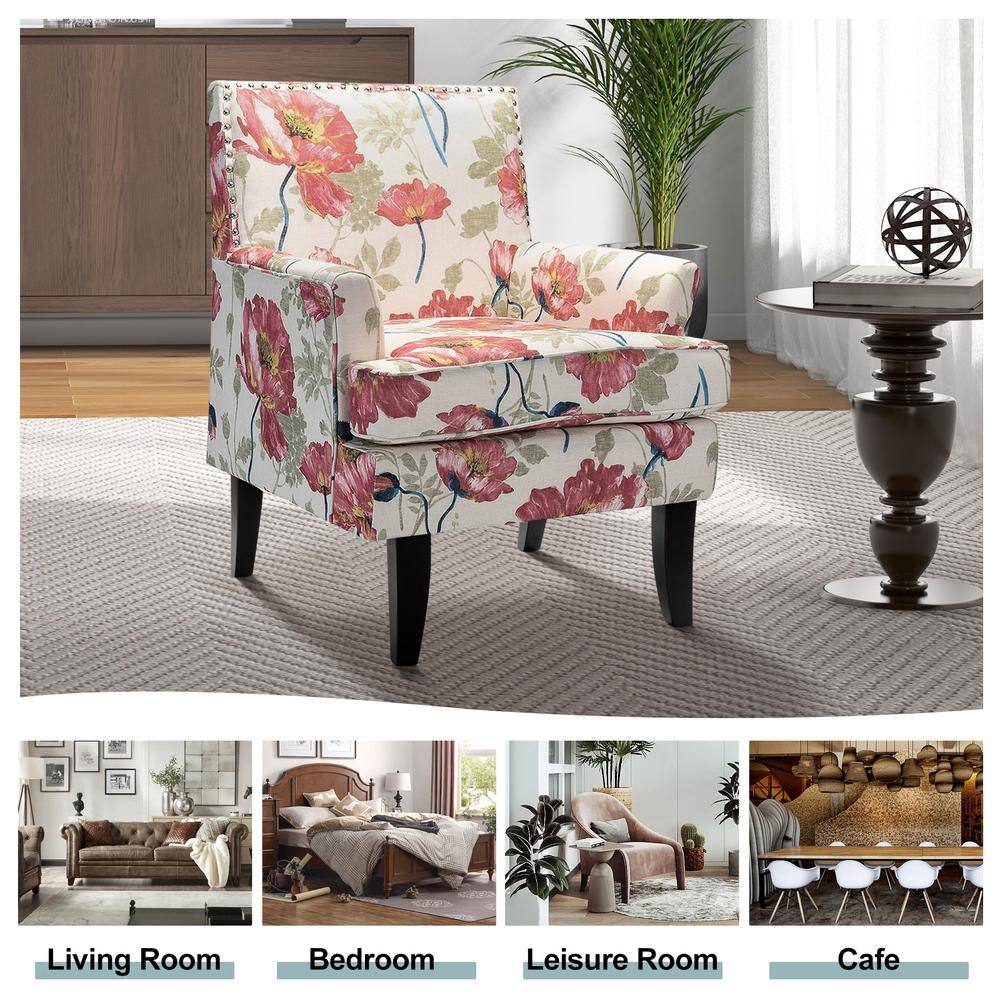 Red Floral Upholstered Accent Chair with Nailhead Trim