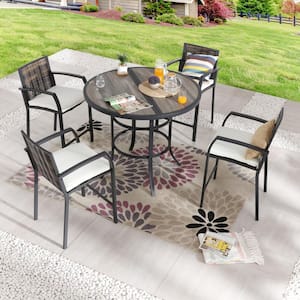 5-Piece Wicker Bar Height Outdoor Dining Set with Beige Cushions