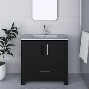 Boston 36 in. W x 20 in. D x 35 in. H Bathroom Vanity Side Cabinet in Black with White Acrylic Top