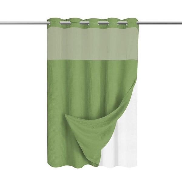 71 in. x 74 in. Green No-Hook Snap-In Polyester Bathroom Shower Curtain, Waffle Weave with Mesh Top and Removable Liner