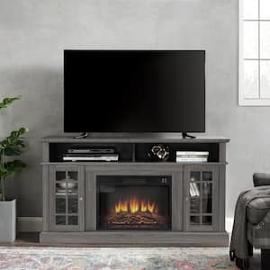 58 in. W TV Media Stand Modern Entertainment Console with 23 in. Embedded Electric Fireplace Insert in Dark Walnut Color