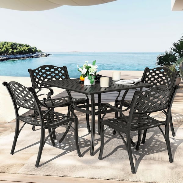 Black with Gold Speckles 5-Piece Cast Aluminum Square Outdoor Dining Set with Umbrella Hole and Wide Seat