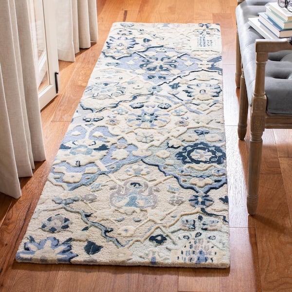 Glamour Beige/Blue 2 ft. x 8 ft. Floral Runner Rug