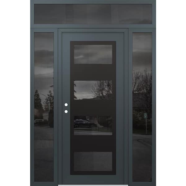 C2 68 in. x 96 in. Black P Right-Hand/Inswing Mirrored Glass Anth/Anth 2-Sidelite Plus Transom Steel Prehung Front Door