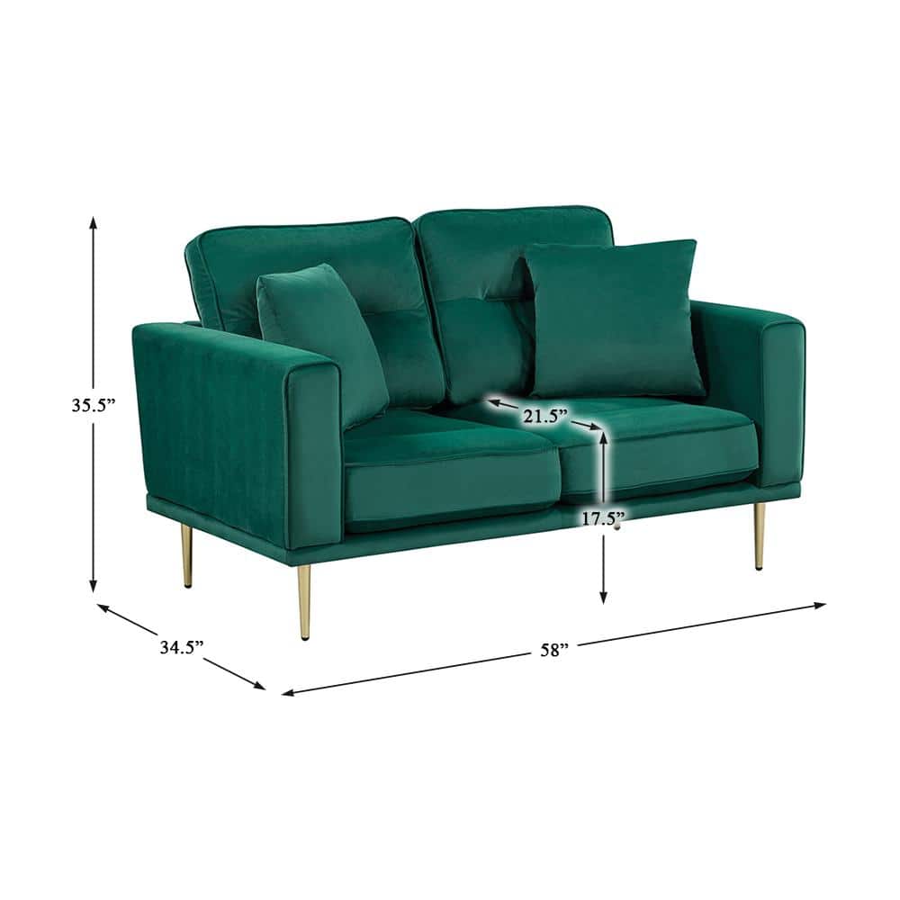 Green Velvet Loveseat with Gold Metal Legs and Track Arms