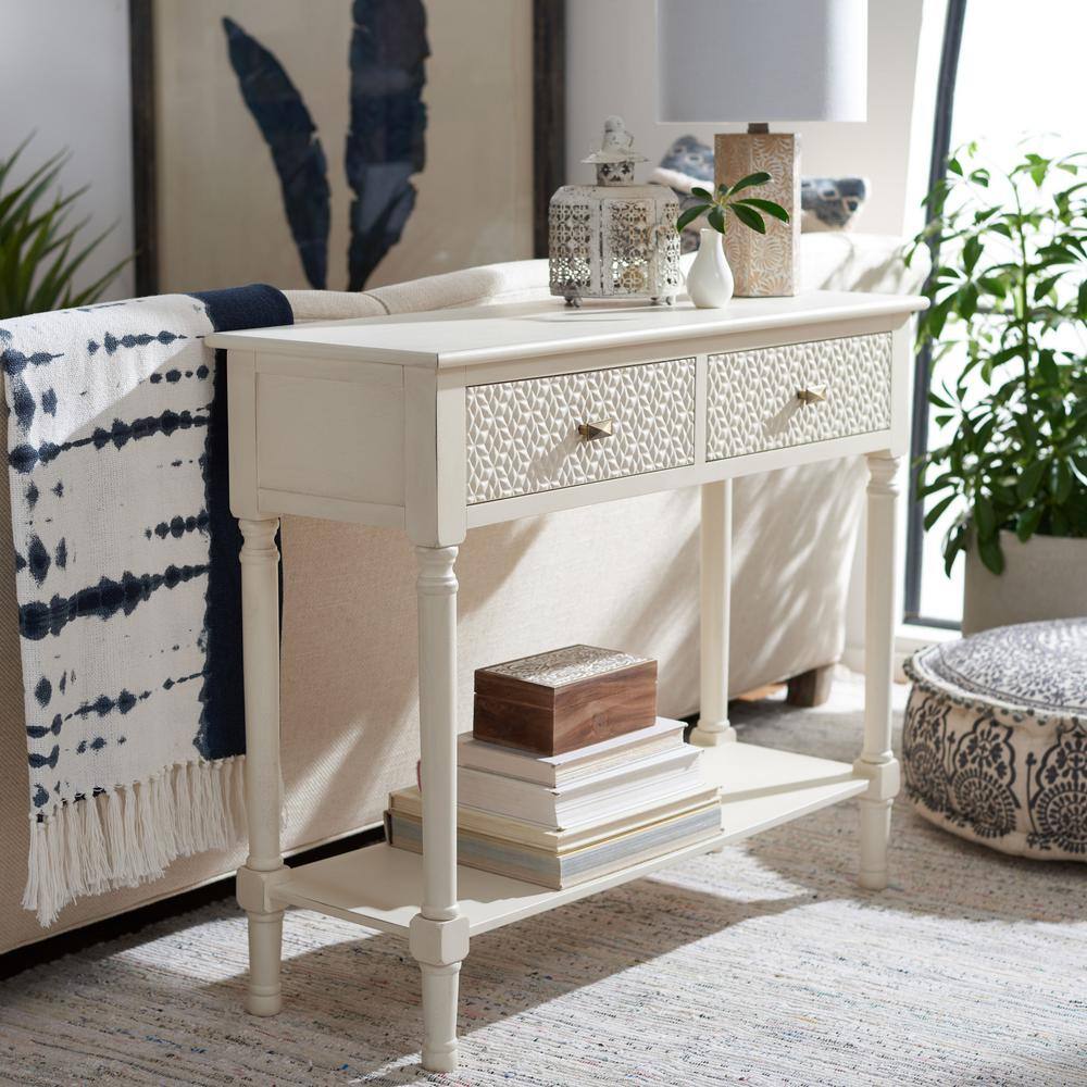 Distressed White 40" Modern Console Table with 2 Drawers