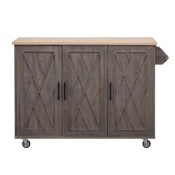 Cesicia Brown Wood Tabletop 51.2 in. Kitchen Island on 4 Wheels with Drop Leaf, Internal Storage Rack and Towel Rack