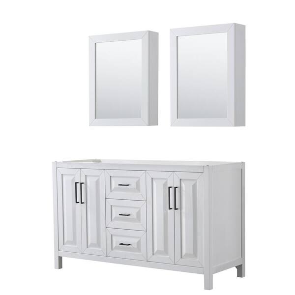 Wyndham Collection Daria 59 in. W x 21.5 in. D x 35 in. H Double Bath Vanity Cabinet without Top in White with Med Cab Mirrors