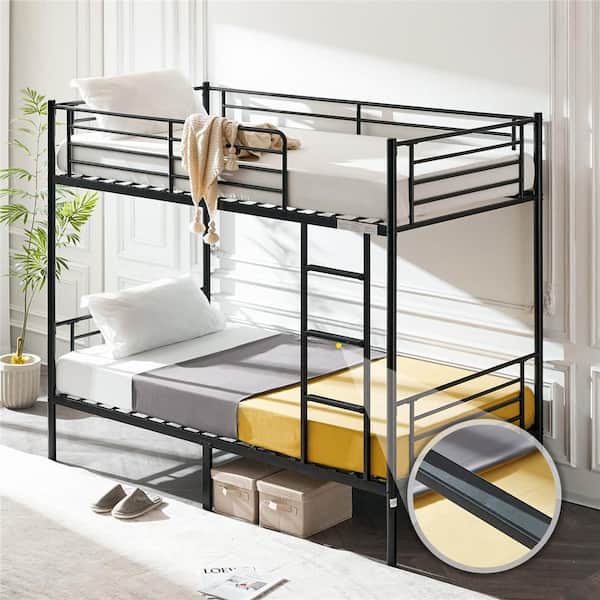 Black Twin Over Twin Bunk Bed for Kids/Adults with Stairs Flat Rungs
