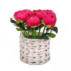 10 in. Artificial Floral Arrangements Peony in White Basket Color: Pink