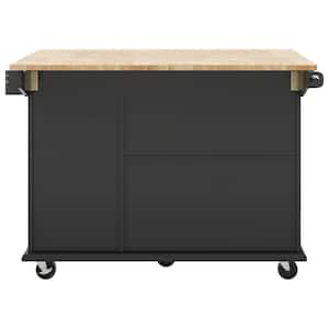 Black Rubberwood Kitchen Cart with Drop Leaf, Internal Storage Rack, and 2 Drawers