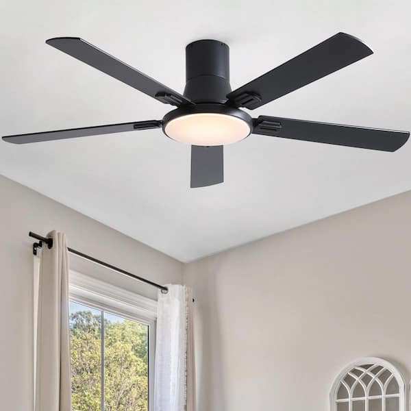 Thalion 52-in. Indoor/Outdoor Integrated LED Matte Black Ceiling Fan with Remote Control and Flush Mount for Bedroom