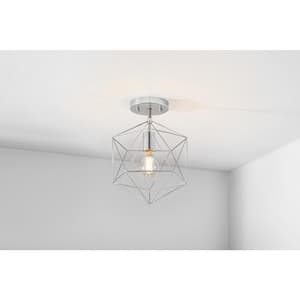 Winfield 9.5 in. 1-Light Chrome Semi-Flush Mount Ceiling Light Fixture with Geometric Cage