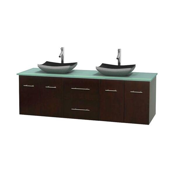 Wyndham Collection Centra 72 in. Double Vanity in Espresso with Glass Vanity Top in Green and Black Granite Sinks