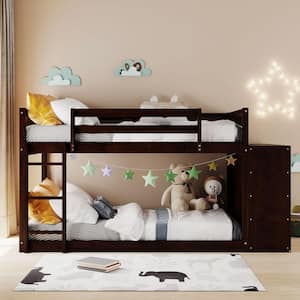 Espresso Twin Over Twin Wood Frame Bunk Bed with 4-Drawers and 3-Shelves Twin Wood Kids Bunk Bed with Storage
