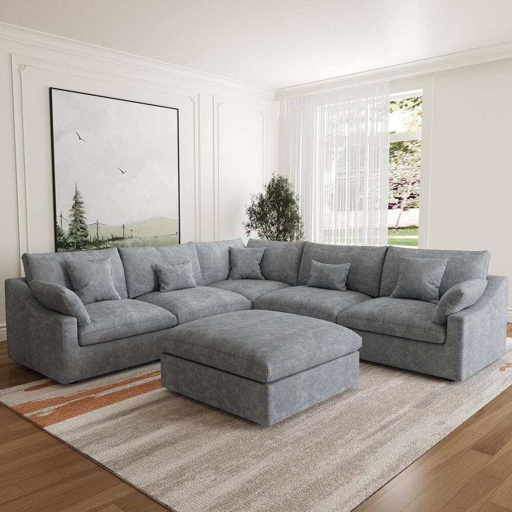 119.2 in. Square Arm 6-Piece Linen L-Shaped Down Feather Modular Free Combination Sectional Sofa with Ottoman in Gray price history on PriceWatchPro