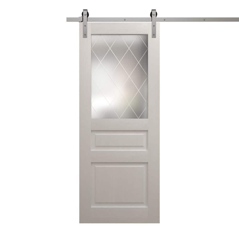 Assembly Required 24 in. x 96 in. Frosted Glass Painted White Oak Solid Wood Single Barn Door Slab With Hardware price history on PriceWatchPro