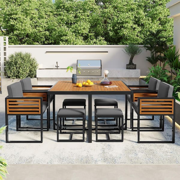 Brown 9-Piece Acacia Wood Outdoor Dining Set, 4-Chairs with Gray Cushion and 4-Ottomans and 1-Square Table for Backyard