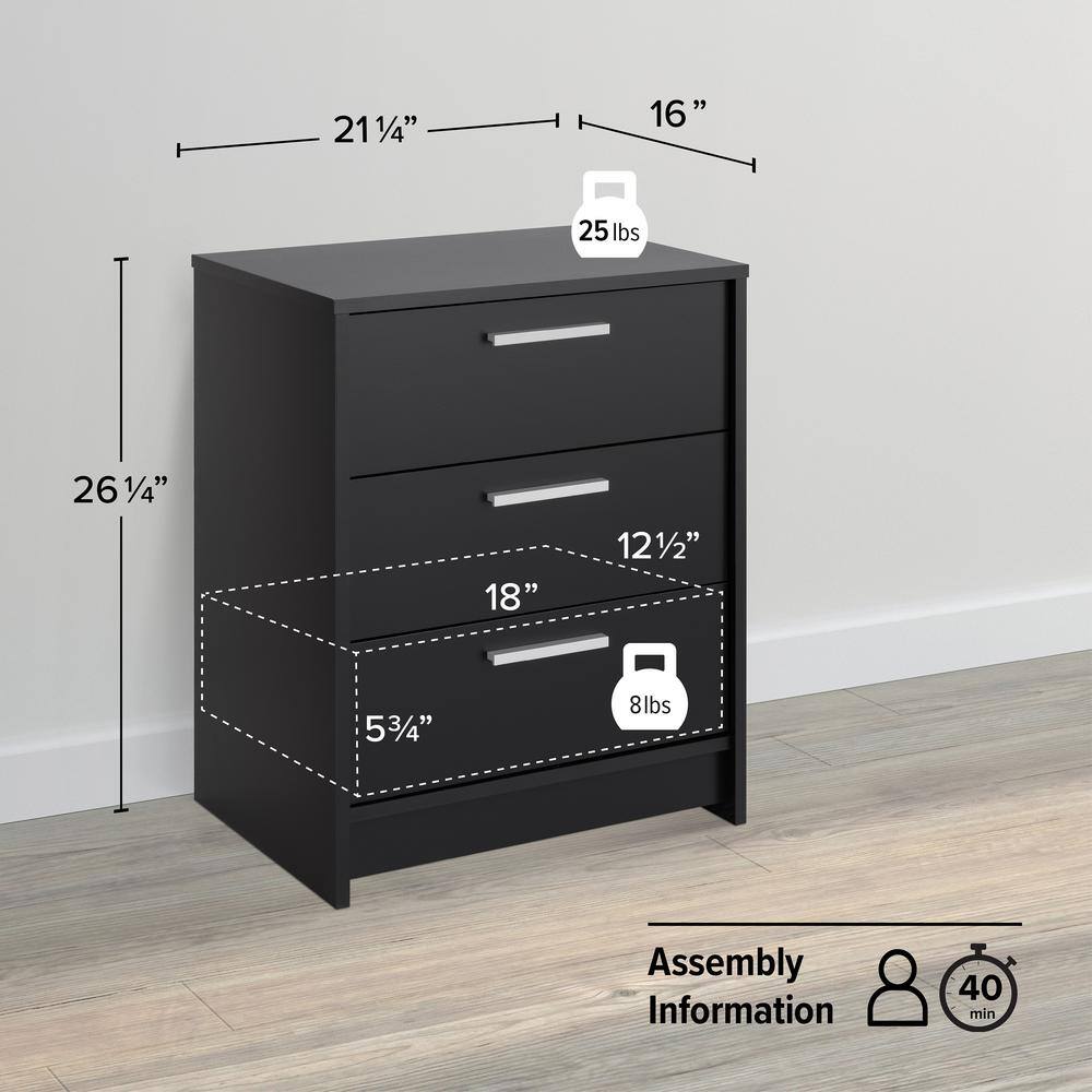 Black 3-Drawer Modern Wood Nightstand
