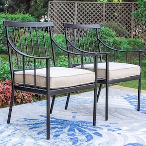 Black Metal Stylish Patio Outdoor Dining Chair with Beige Cushion (2-Pack)