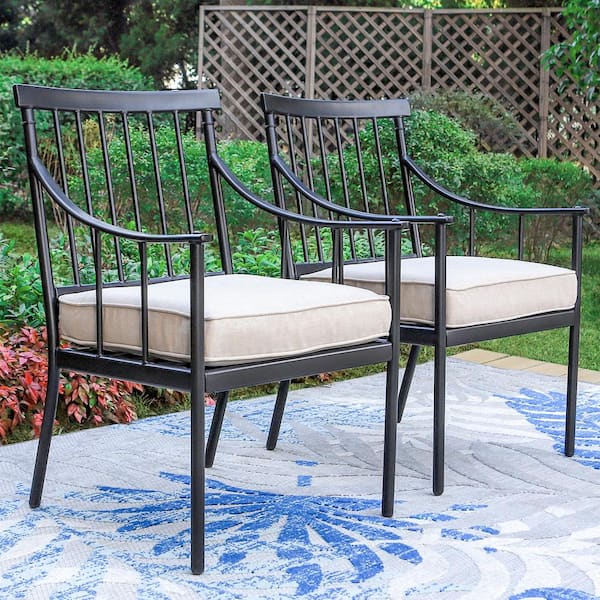 PHI VILLA Black Metal Stylish Patio Outdoor Dining Chair with Beige Cushion (2-Pack)