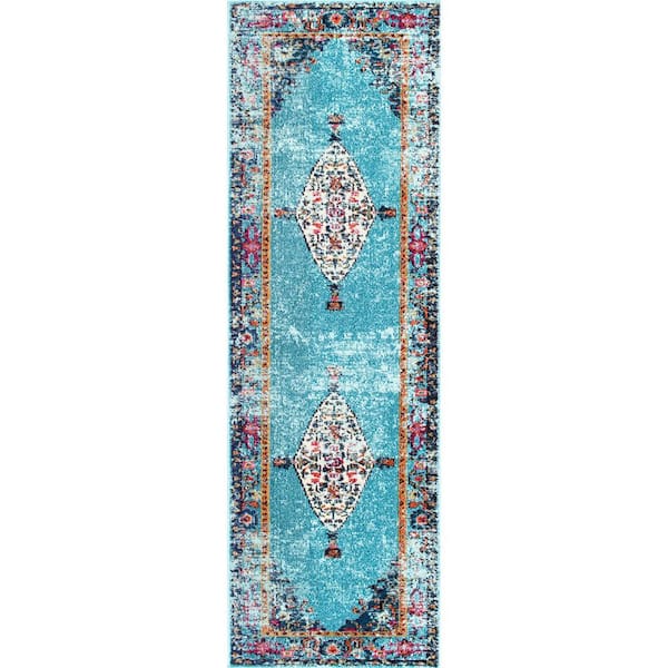 nuLOOM Vintage Medallion Veronica Aqua 2 ft. 6 in. x 10 ft. Indoor Runner Rug