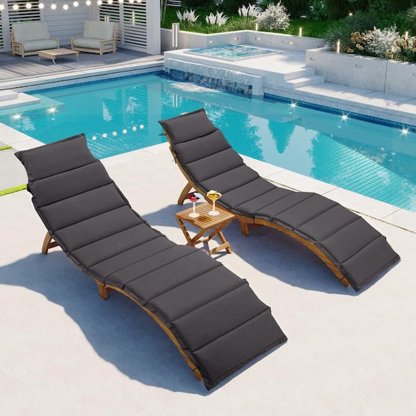 Zeus & Ruta 3-Piece Brown Wood Portable Extended Outdoor Chaise Lounge Set with Foldable Tea Table and Dark Gray Cushion