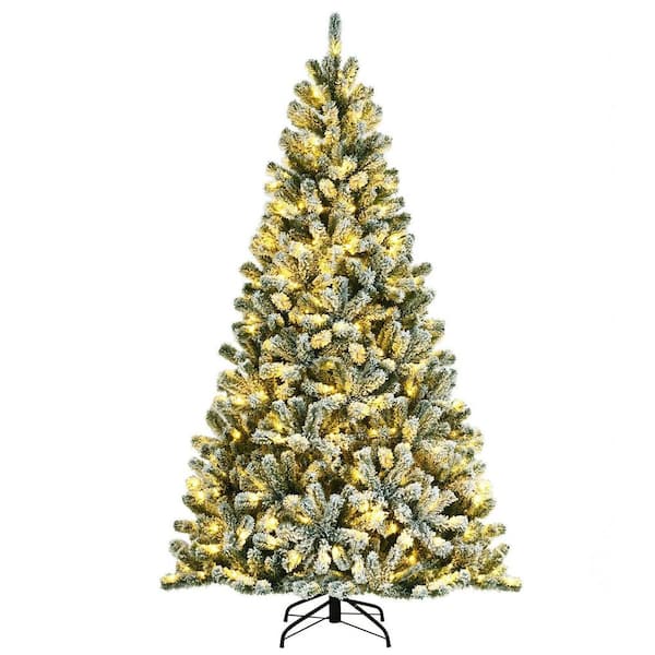 7 ft. Green Pre-Lit Snow Flocked Artificial Christmas Tree with Metal Stand