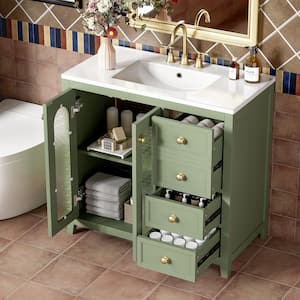 36.02 in. W x 18.23 in. D x 33.86 in. H Single Sink Freestanding Bath Vanity in Green with White Ceramic Top and Storage