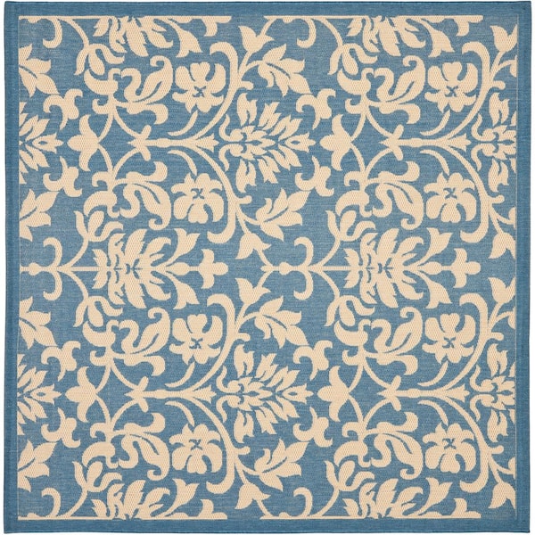 SAFAVIEH Courtyard Blue/Natural 8 ft. x 8 ft. Square Floral Indoor/Outdoor Patio  Area Rug